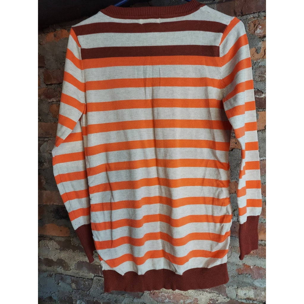 Route 66 Womens Orange Brown Beige Striped V Neck Long Sleeve Sweater L