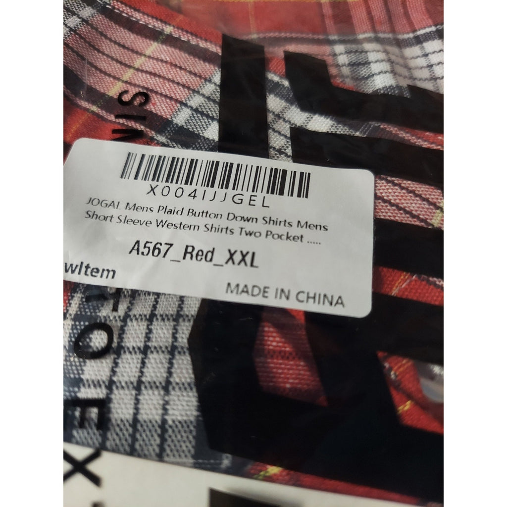 JOGAL Mens Short Sleeve Button Down Shirt Red Plaid XXL Two Pocket Western
