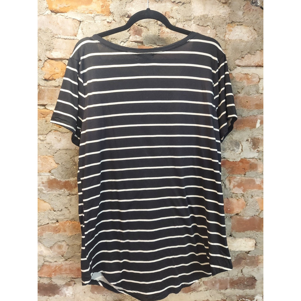 POOF NEW YORK Womens T Shirt 2X Black White Striped V Neck Short Sleeve