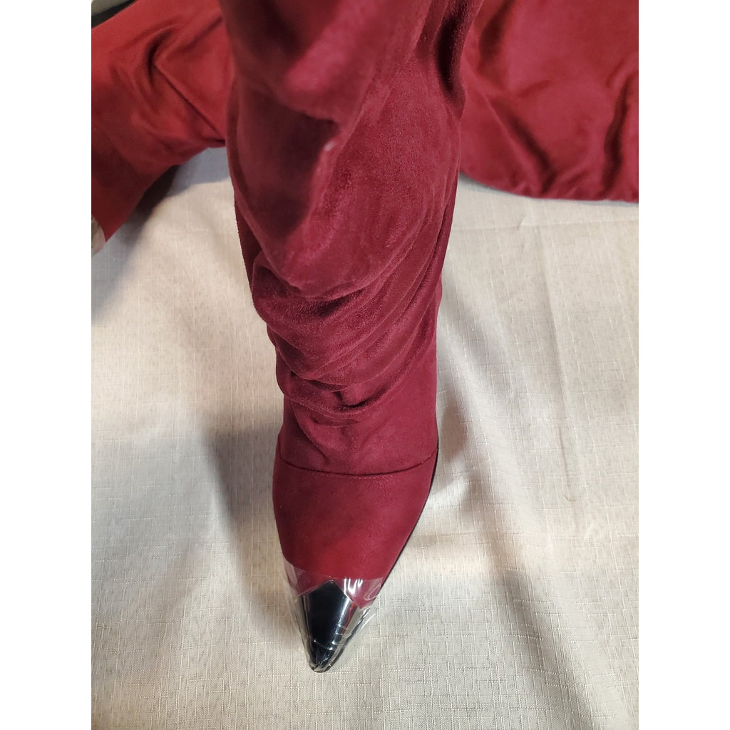 Womens 9 Slouch Boots Knee High Burgundy Red Faux Suede Pointed Toe Metallic Cap