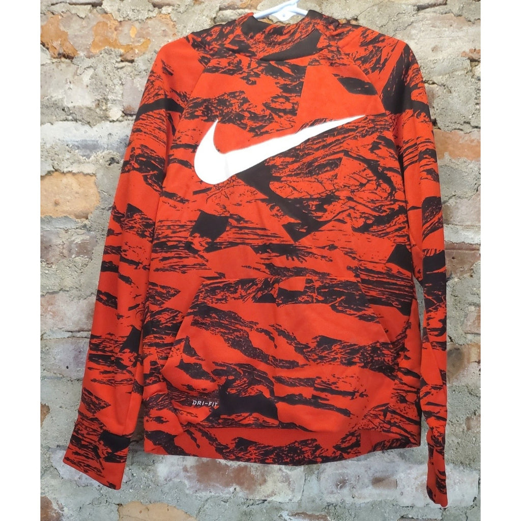 Nike Mens Small Hoodie Pullover Orange Black Abstract Pattern Dri-FIT Athletic