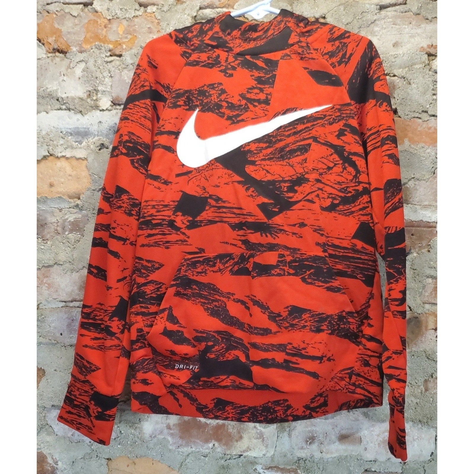 Nike Boys Small Hoodie Pullover Orange Black Abstract Pattern Dri-FIT Athletic