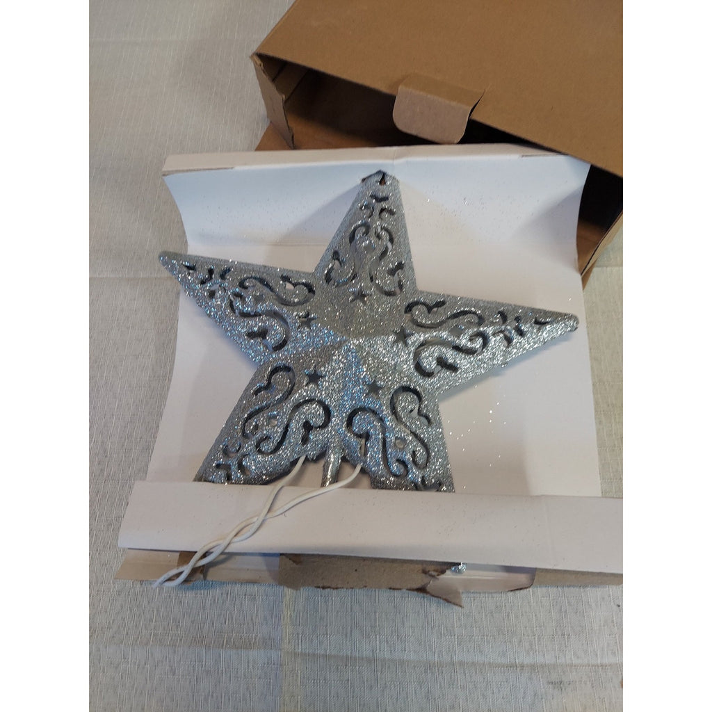 Christmas Tree Topper Lighted Star 8 Inch Silver Glitter Filigree Scroll Decor