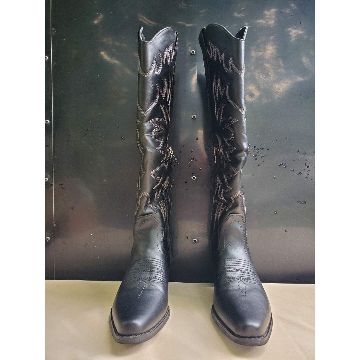 TLV Womens Cowboy Western Boots Size 7 Black Knee High Embroidered Pointed Toe