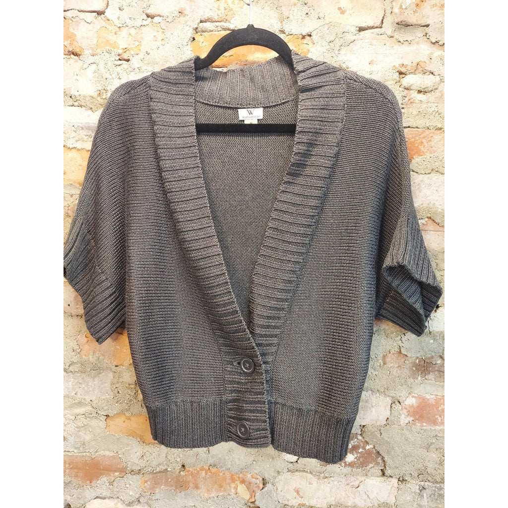 Worthington Womens Cardigan M Gray Short Sleeve Button Front Knit Ribbed