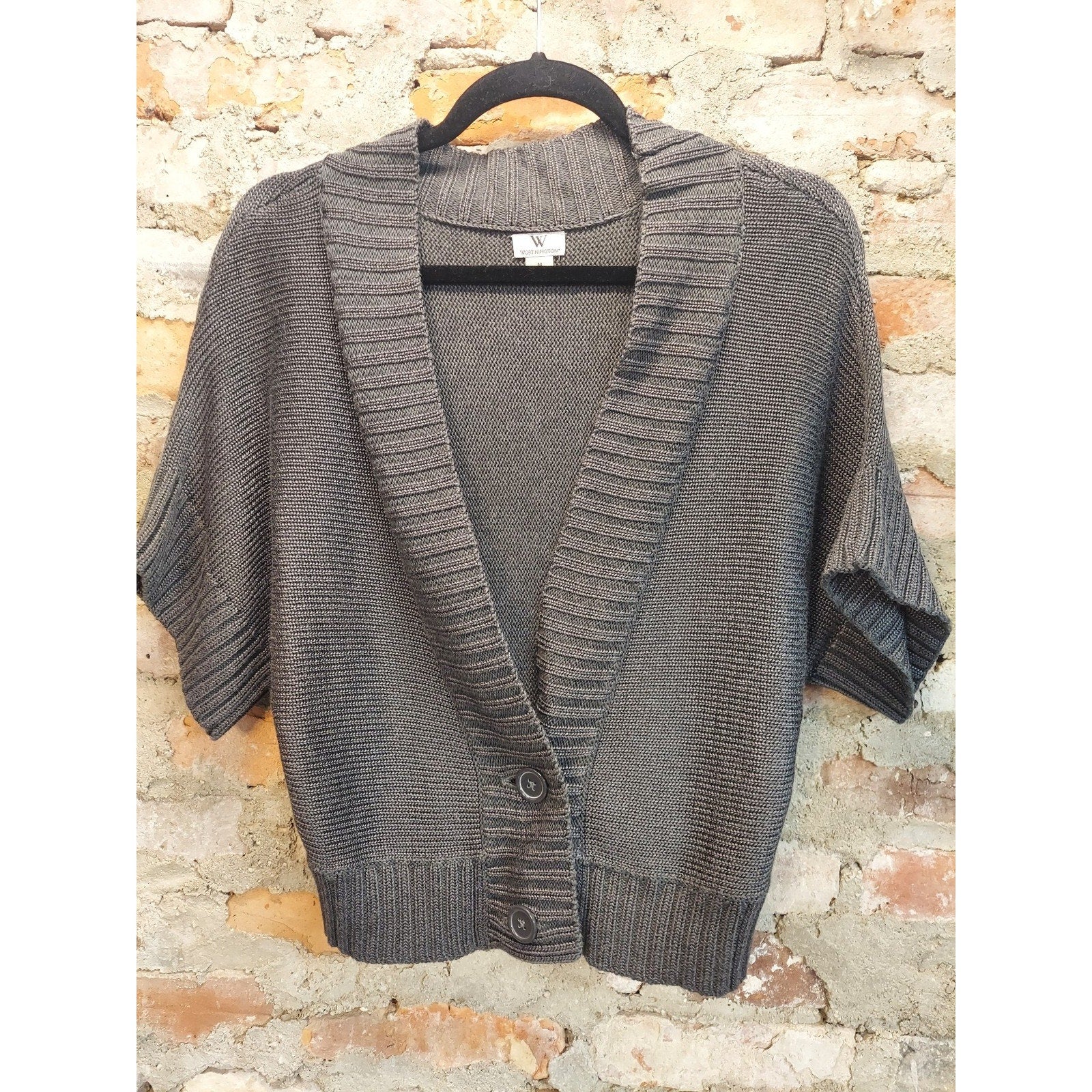 Worthington Womens Cardigan M Gray Short Sleeve Button Front Knit Ribbed
