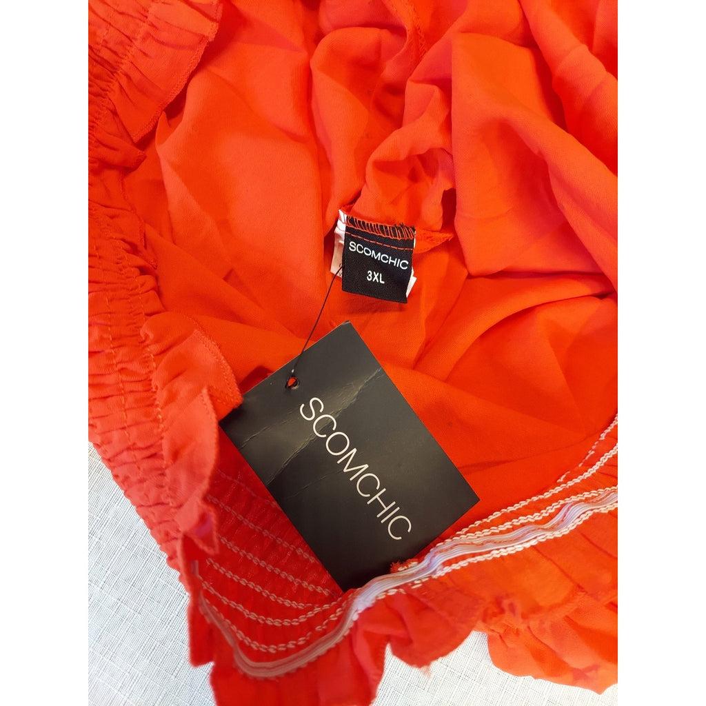 SCOMCHIC Womens Off Shoulder Blouse 3XL Orange Smocked Neck Flutter Sleeve