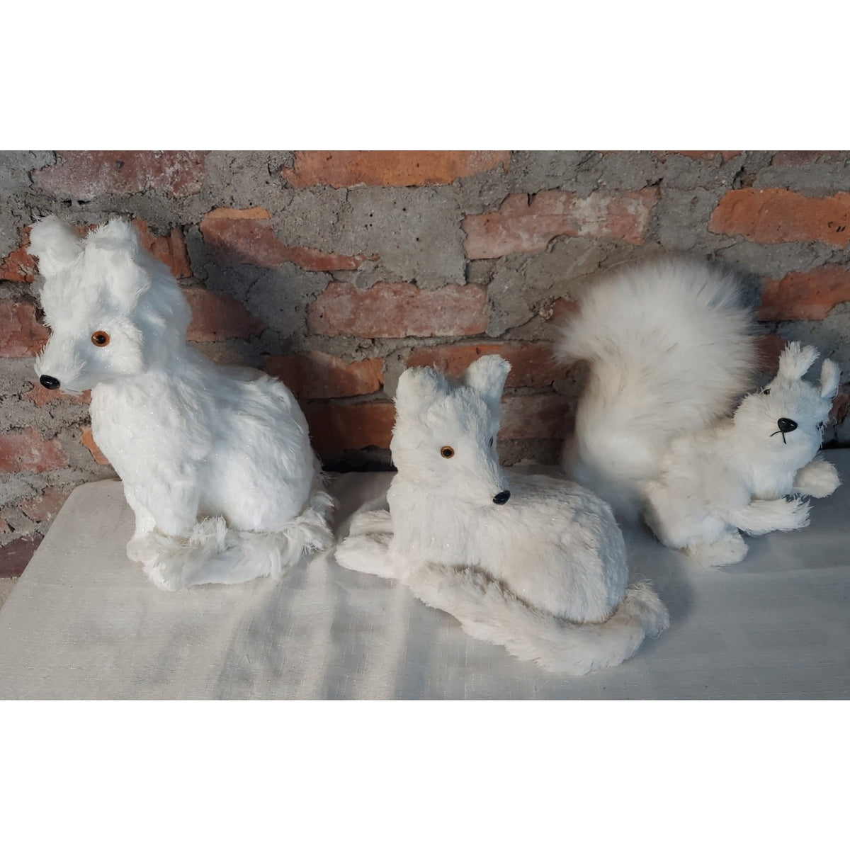 White Fox Squirrel Faux Fur Animal Figures Lot 3 Winter Holiday Decor Glitter
