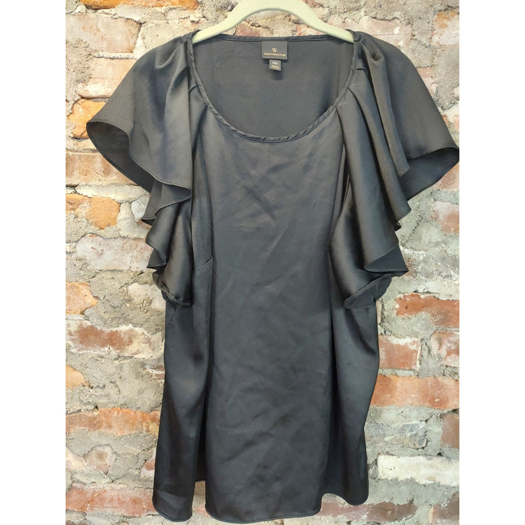 Worthington Womens Blouse XXL Black Ruffle Sleeve Satin Scoop Neck
