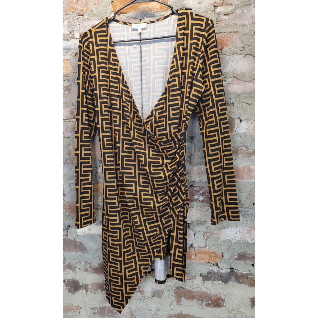 love J Womens XL Dress Black Gold Geometric Print Long Sleeve Mini V Neck