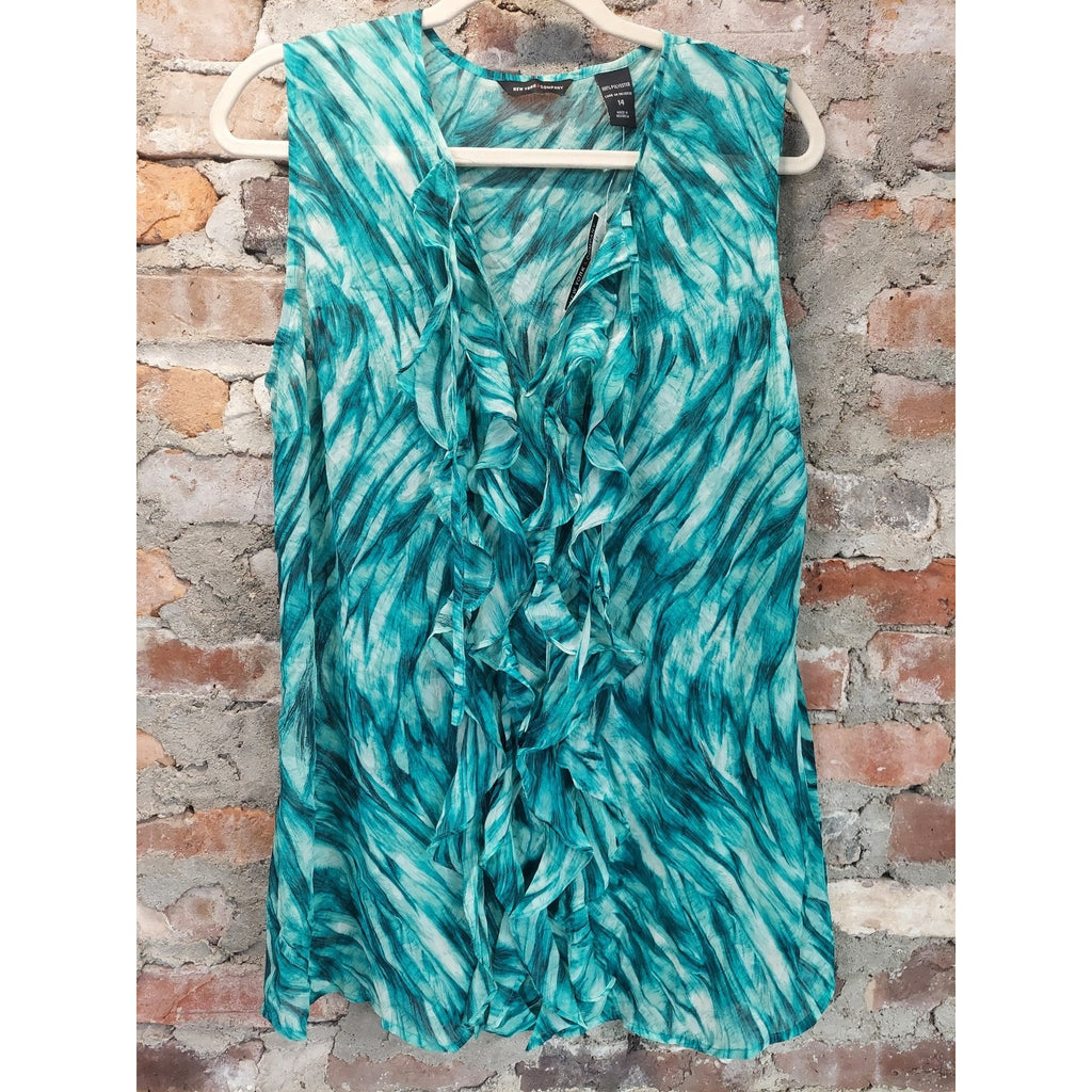NEW YORK & COMPANY Womens Sleeveless Blouse Size 14 Teal Green White Ruffle V