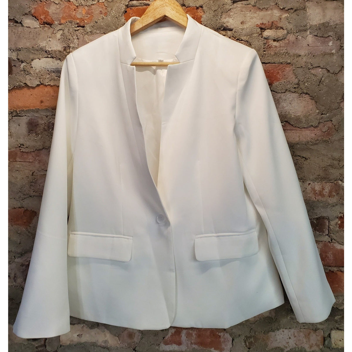Womens White Blazer L Single Button Band Collar Flap Pockets Jacket