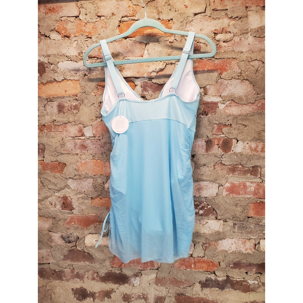 B2PRITY Womens Swimdress One Piece L Light Blue Ruched Tummy Control V Neck NEW