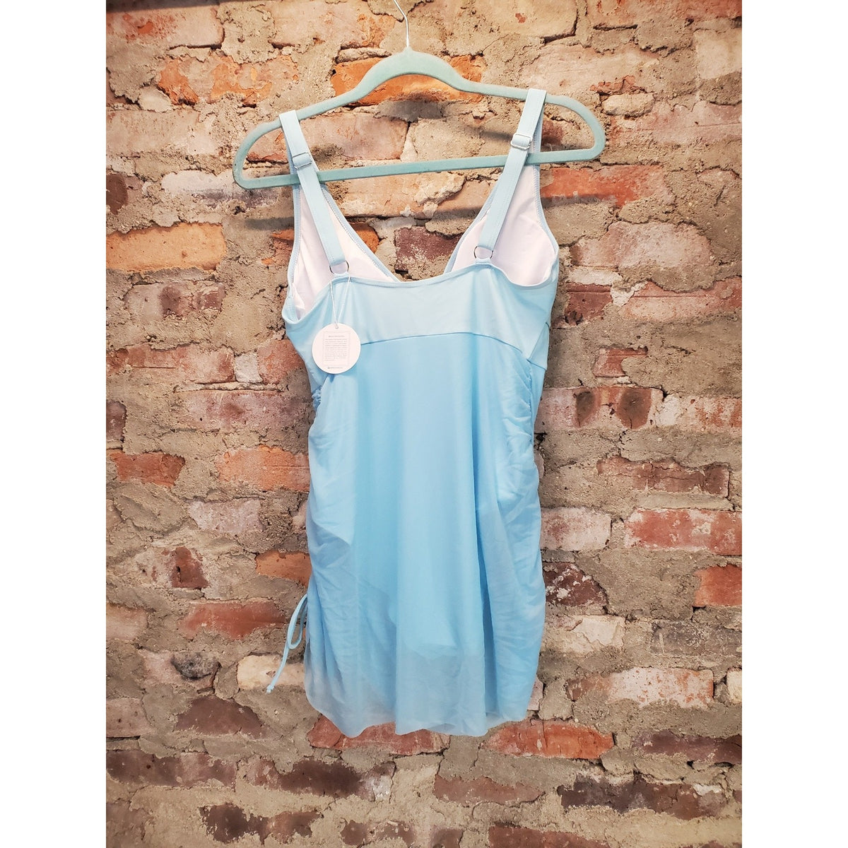 B2PRITY Womens Swimdress One Piece L Light Blue Ruched Tummy Control V Neck NEW
