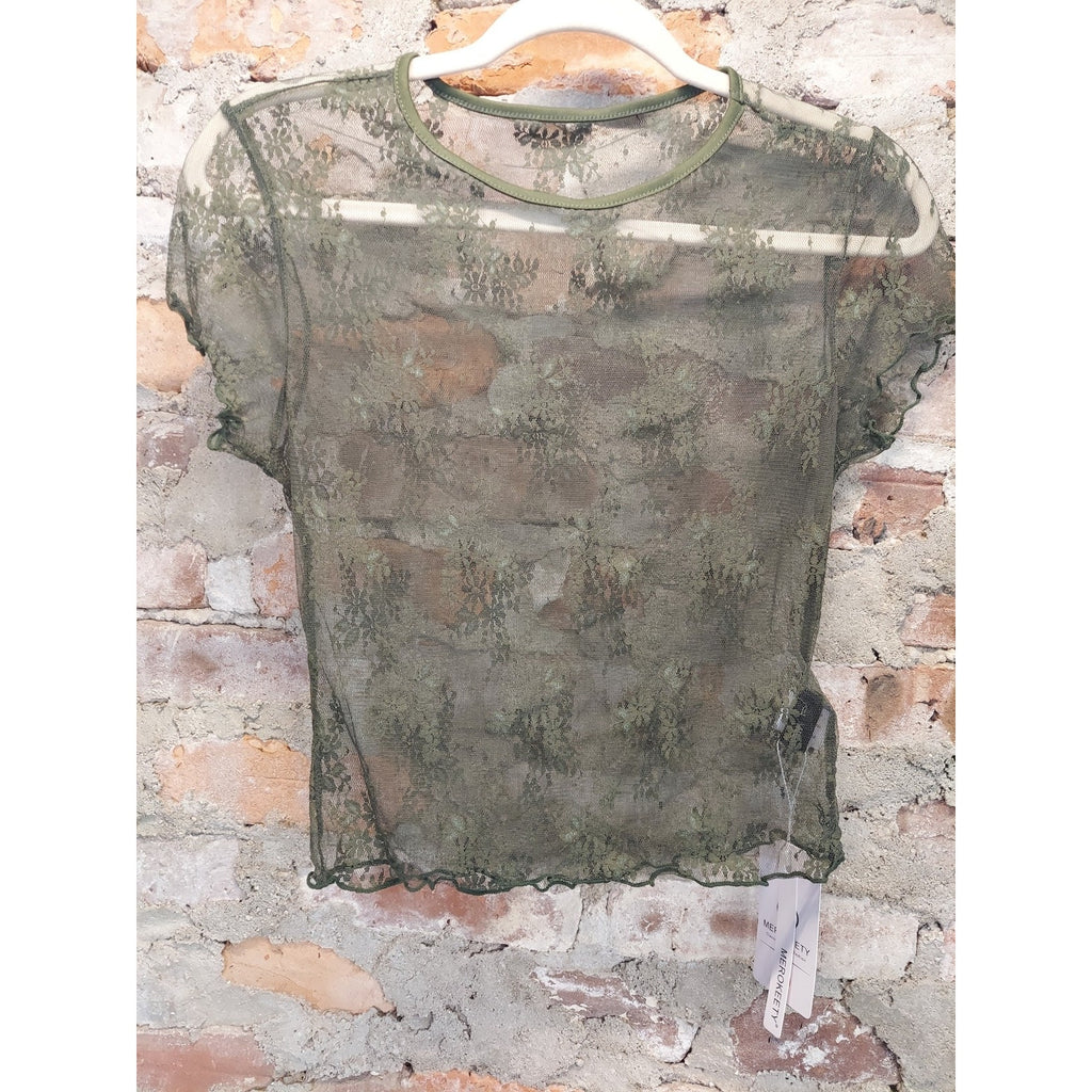 Womens Sheer Lace Floral Top L Olive Green Short Sleeve Ruffle Crewneck