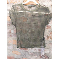 Womens Sheer Lace Floral Top L Olive Green Short Sleeve Ruffle Crewneck