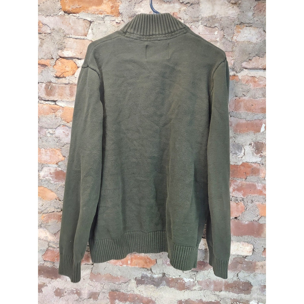 Eddie Bauer Mens XL Olive Green Gray Stripe Quarter Zip Mock Neck Sweater