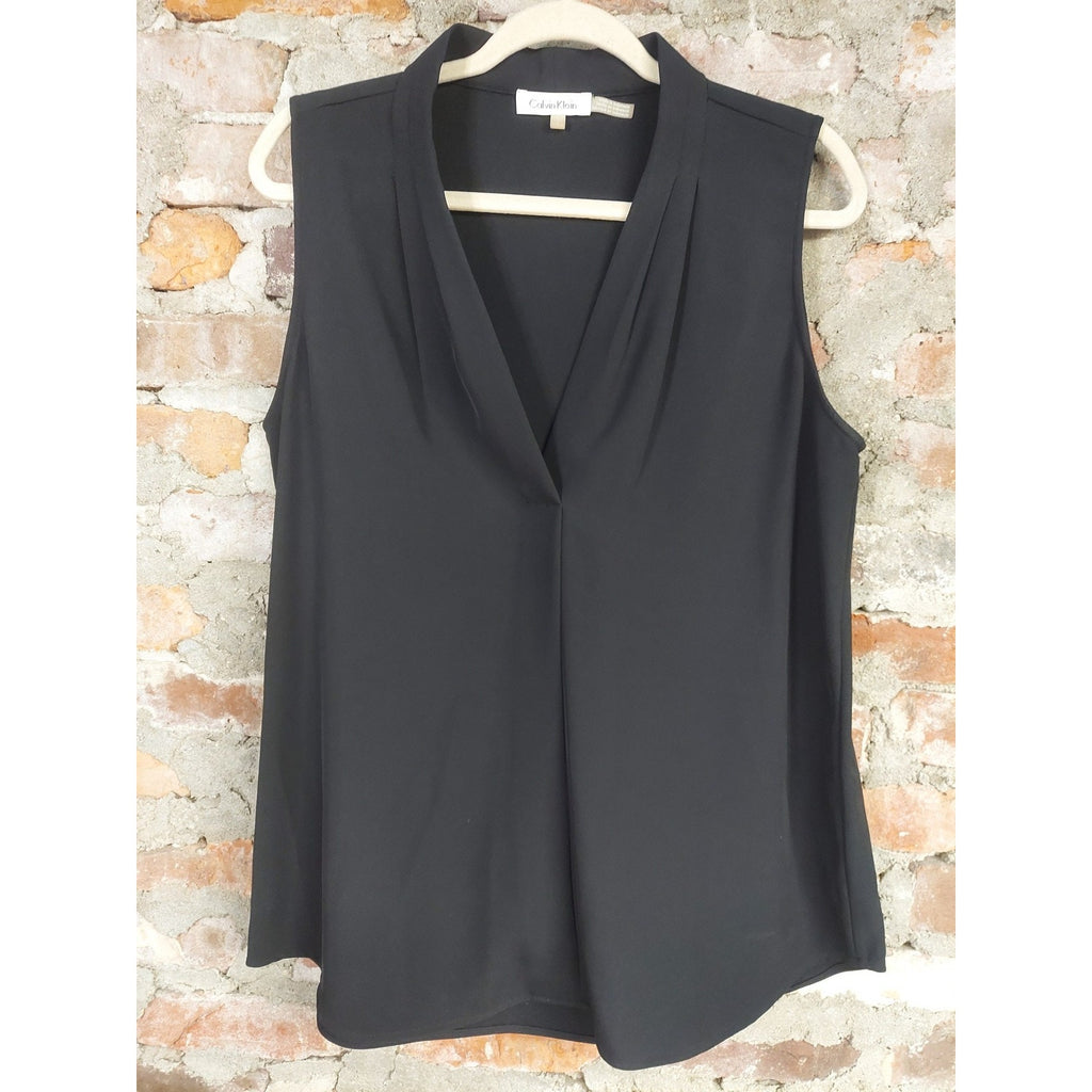 Calvin Klein Womens Sleeveless Blouse L Black V Neck Pleated Workwear