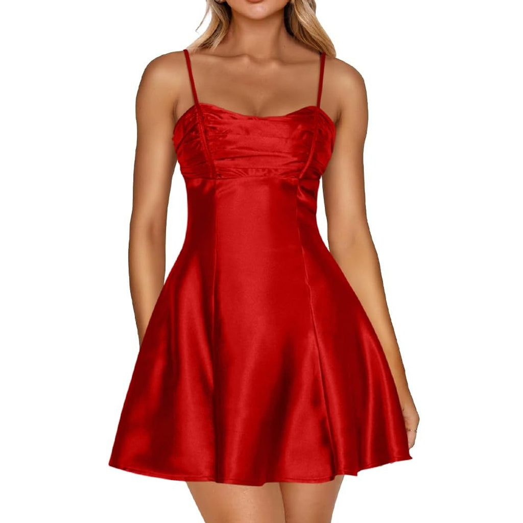Womens Dress Small Red Satin Spaghetti Straps Ruched Sweetheart A Line Skater