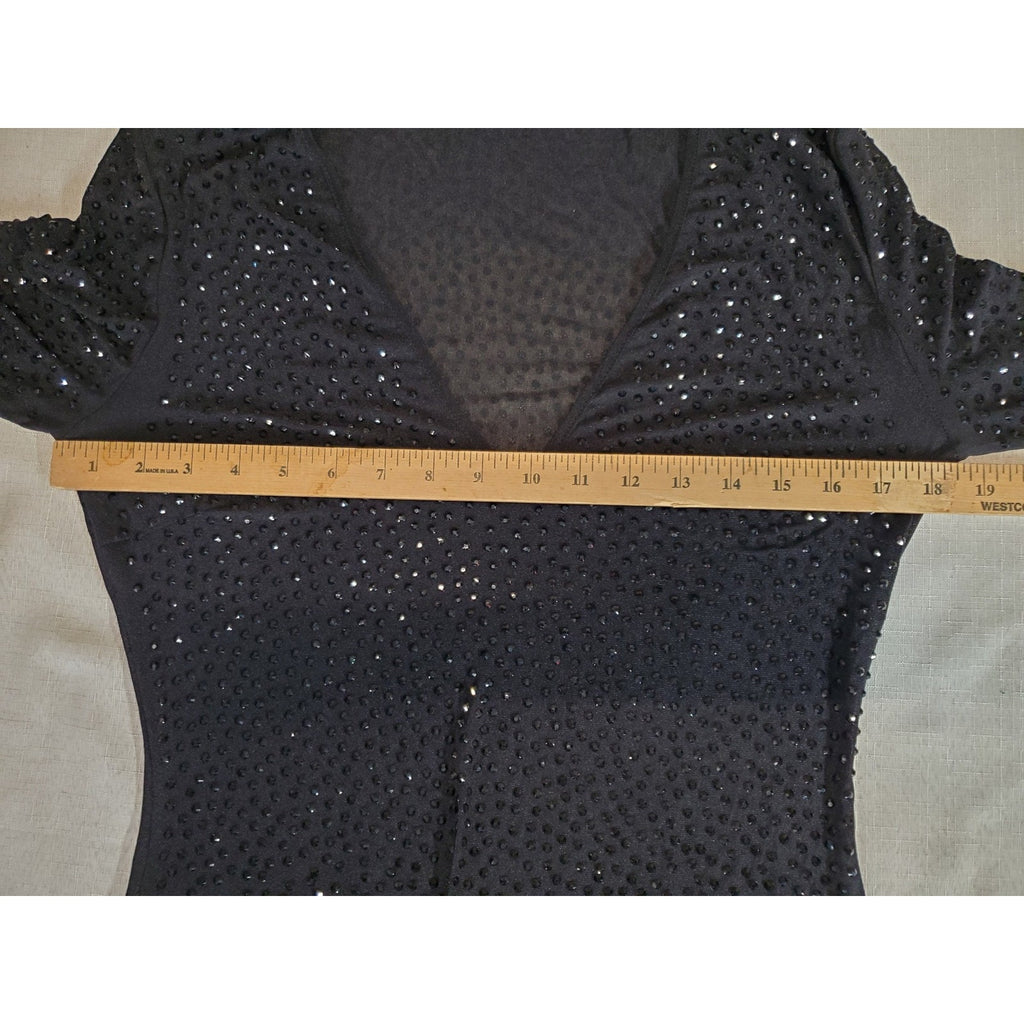 Womens Sz M Black Sparkle Sheer Long Sleeve V Neck Mini Party Dress