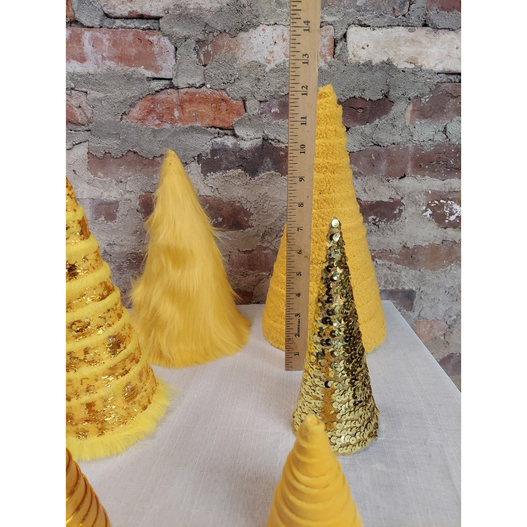 Yellow Gold Cone Decor Set Christmas Tabletop Centerpiece Furry Sequin Glitter