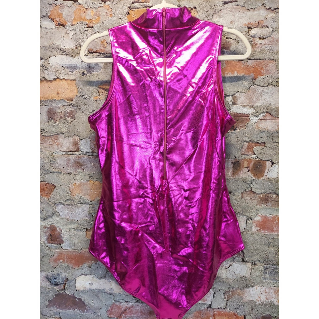 Kepbloom Womens Metallic Pink Bodysuit XL High Neck Sleeveless Leotard Zipper