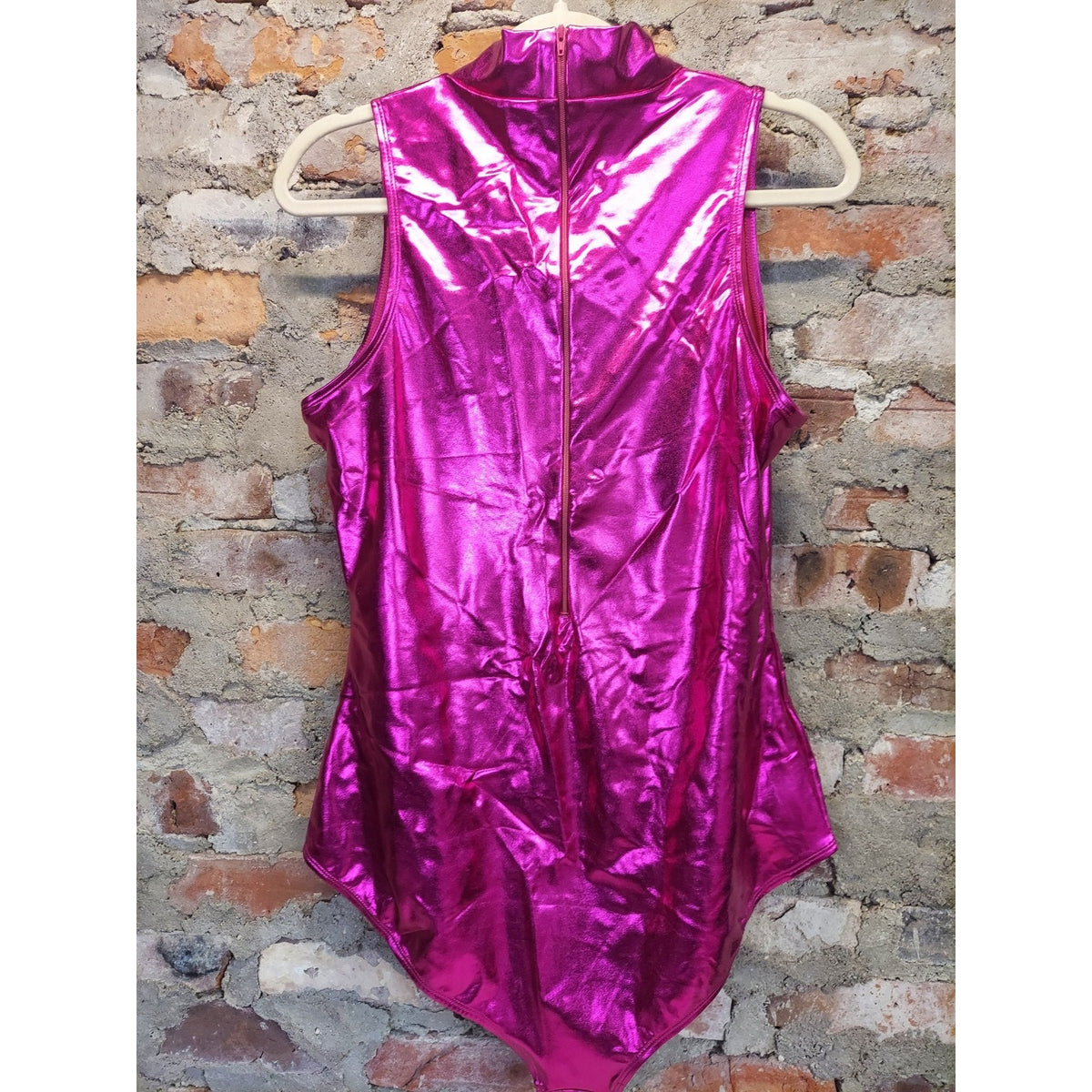 Kepbloom Womens Metallic Pink Bodysuit XL High Neck Sleeveless Leotard Zipper
