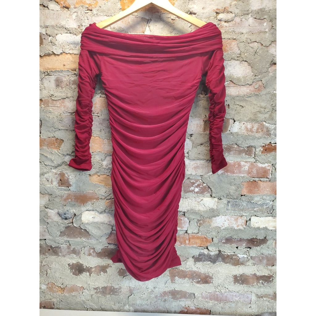 Womens Off Shoulder Dress M Red Long Sleeve Ruched Bodycon Midi Cocktail Party