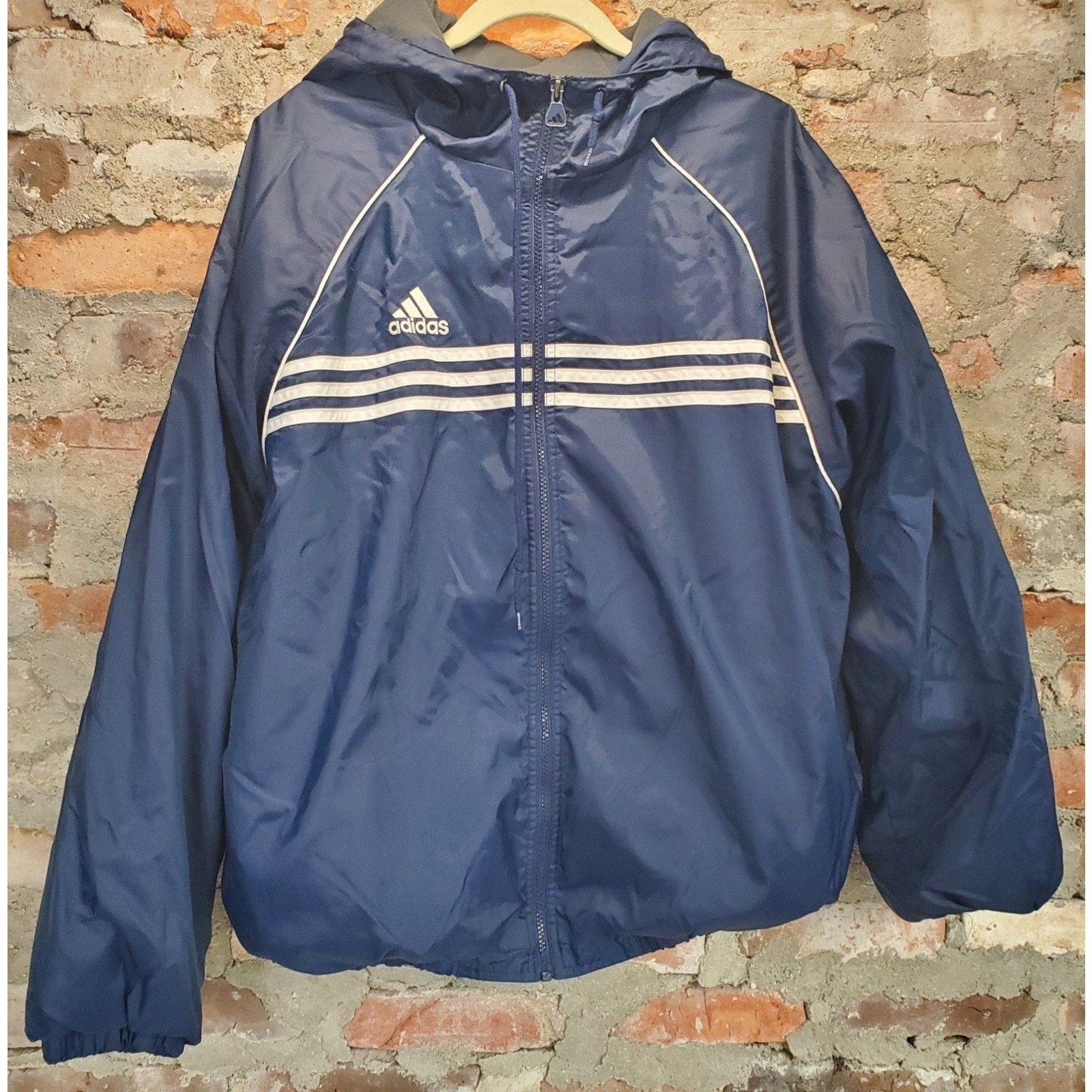 Adidas Mens M Navy Blue Hooded Windbreaker Jacket Full Zip 3 Stripe