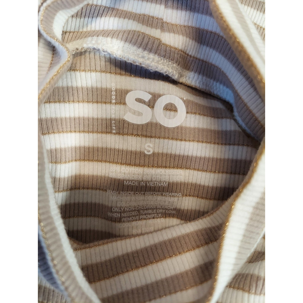 SO Womens Mock Neck Top S Tan White Gold Stripe Ribbed Long Sleeve