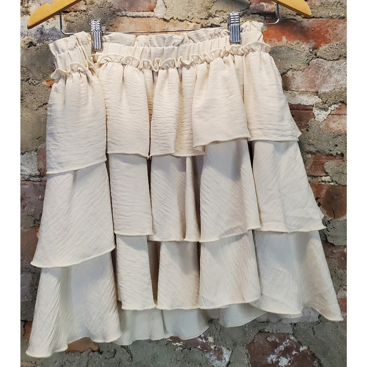 Caracilia Womens Tiered Ruffle Mini Skirt L Cream Elastic Waist High