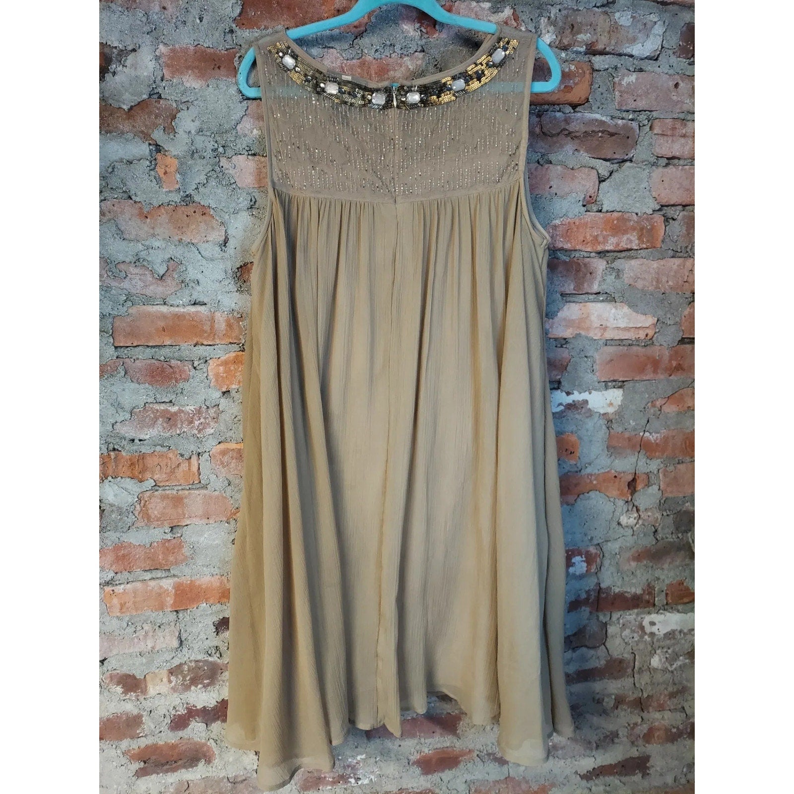 Lane Bryant Womens Plus Dress 18/20 Tan Embellished Neck Beaded Cocktail