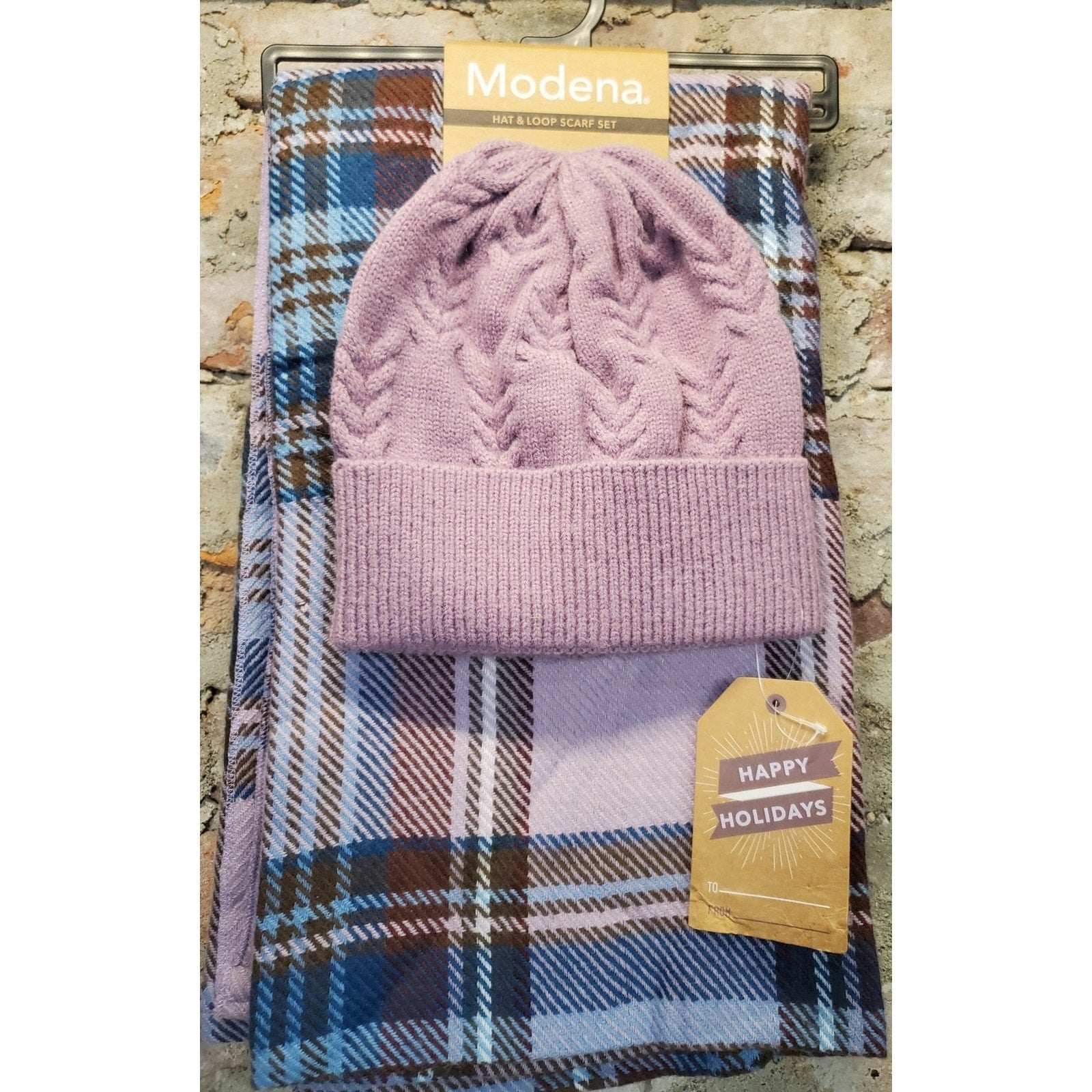Modena Womens Hat Beanie Loop Scarf Set Lavender Plaid Cable Knit NWT