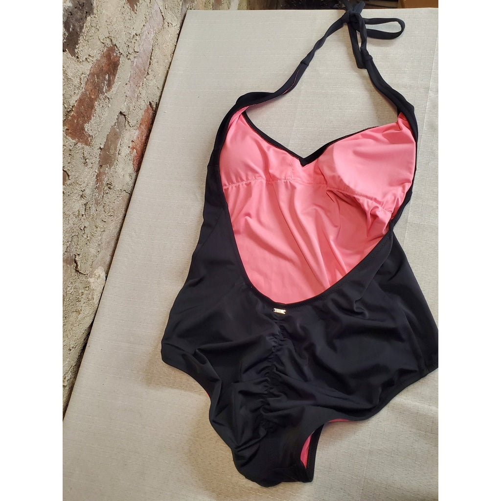 PINK Victoria Secret Womens Sz L Halter One Piece Swimsuit Large Black Pink