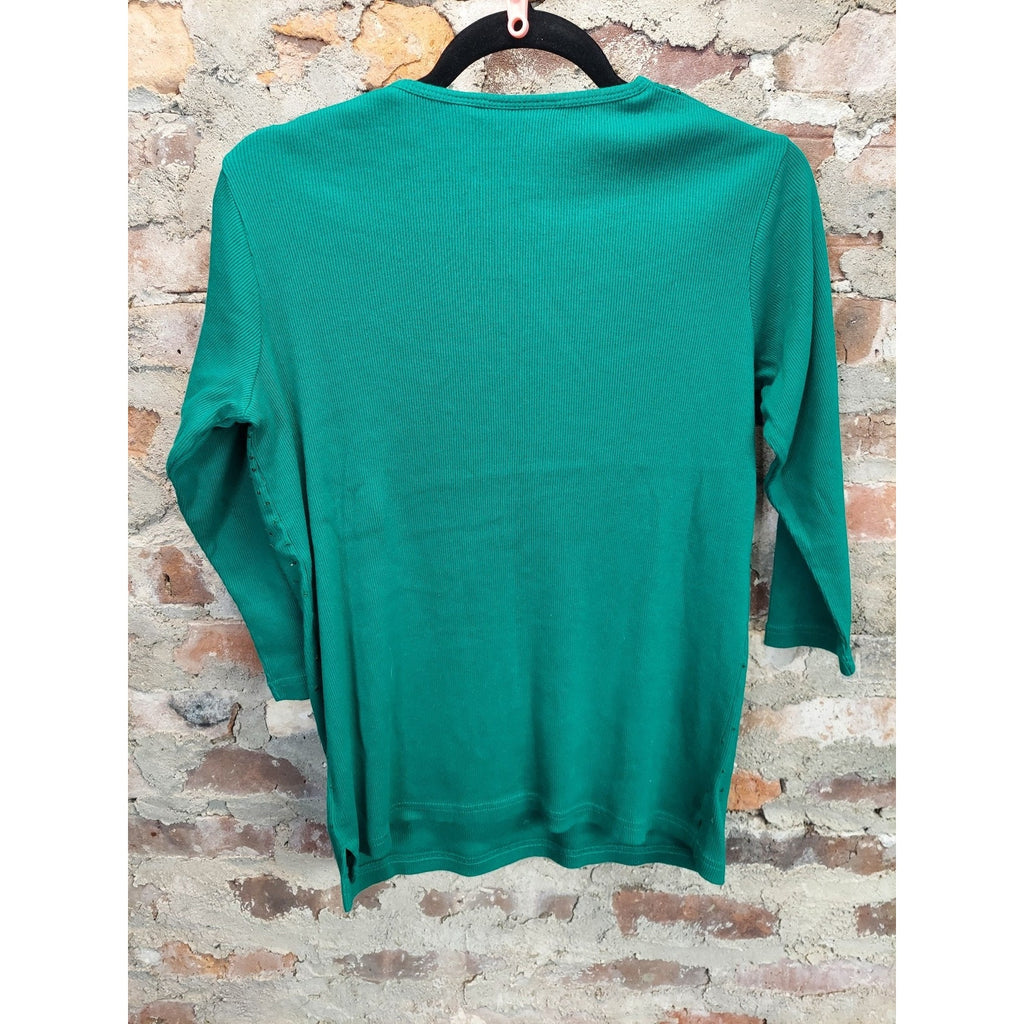 Quaker Factory Womens Shirt XS Green Sequin Sparkle Ribbed Knit 3/4 Sleeve