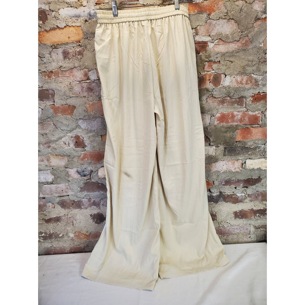 Unisex Track Lounge Pants M Cream Wide Leg Elastic Waist Drawstring Side Stripe