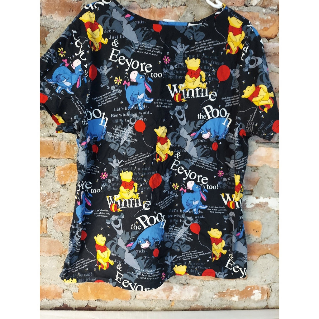 Womens 2X Scrub Top Winnie The Pooh Eeyore Black Multicolor V Neck Short Sleeve