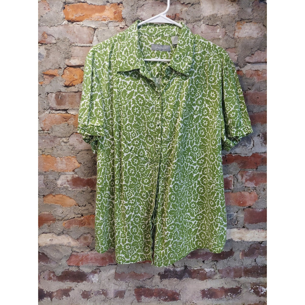 Liz Claiborne Womens 2x Short Sleeve Button Up Shirt Green White Floral Print