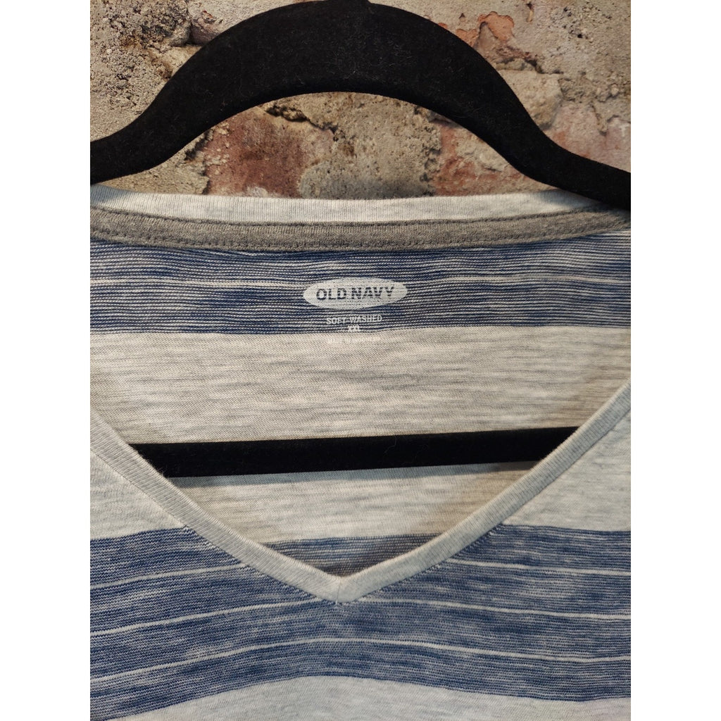 Old Navy Mens XXL V Neck T Shirt Blue Gray Striped Soft Washed Casual