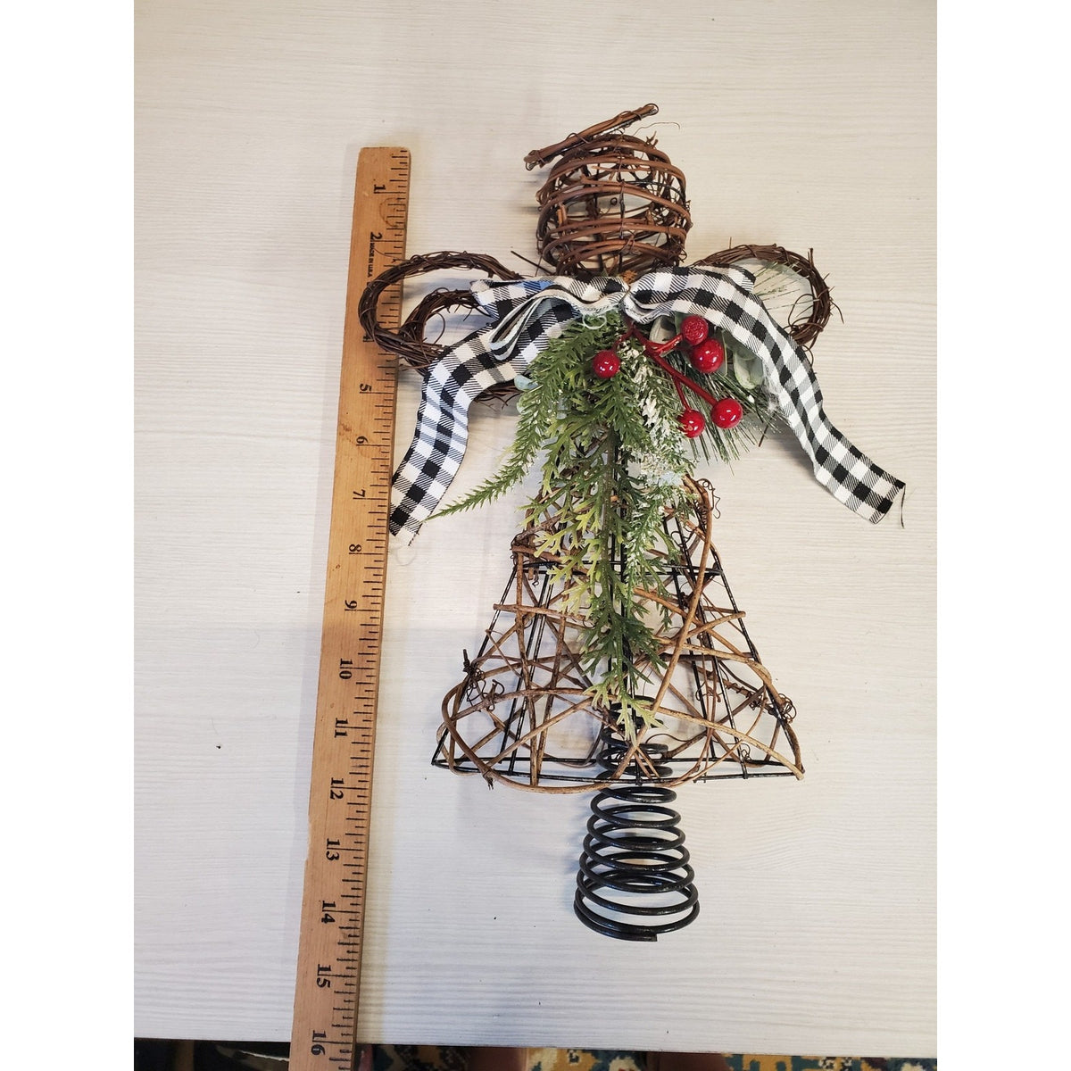 Christmas Tree Topper Angel Woven Willow Grapevine Farmhouse Buffalo Plaid