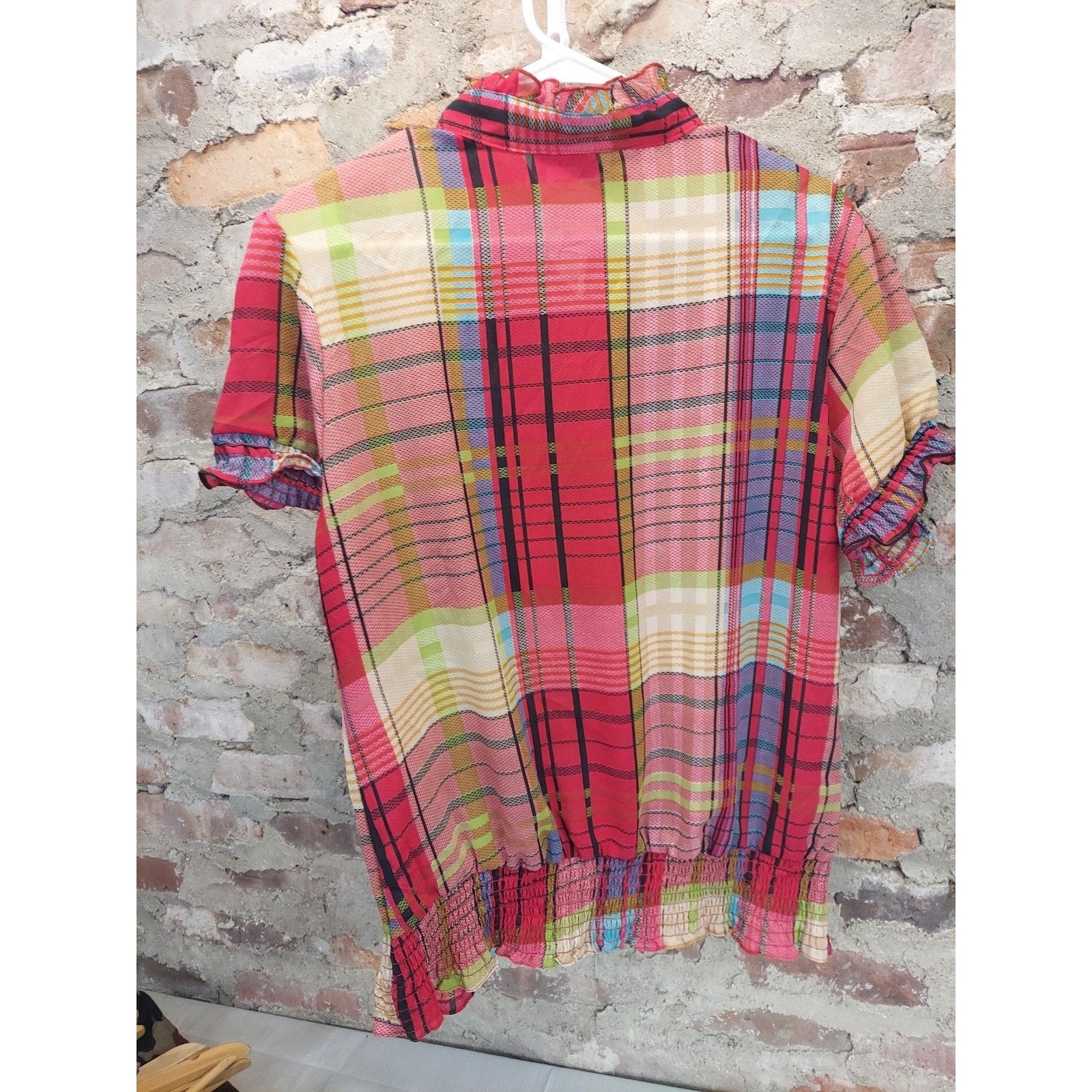 Retro Womens Plaid Ruffle Blouse 2X Plus Multicolor Short Sleeve Smocked Hem