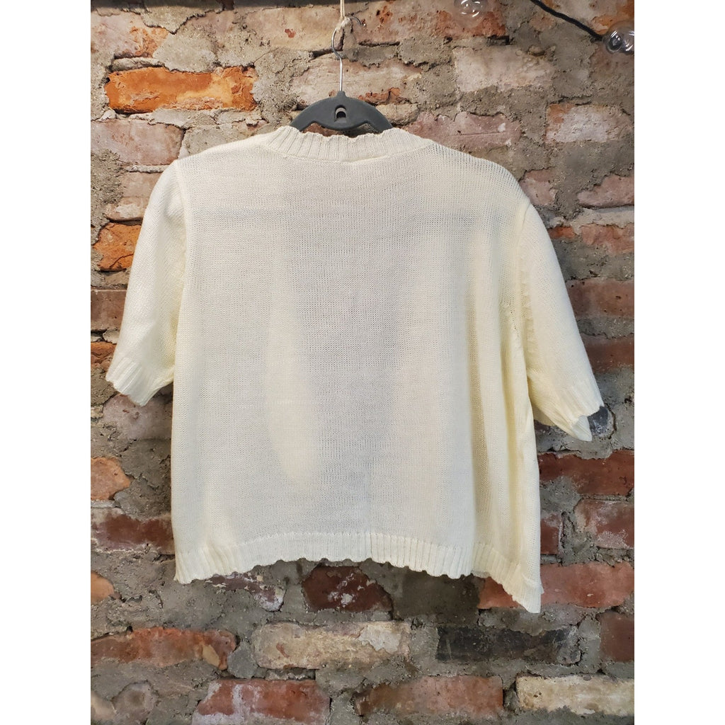Womens Open Front Short Sleeve Cardigan Cream Lightweight Knit Cropped Top