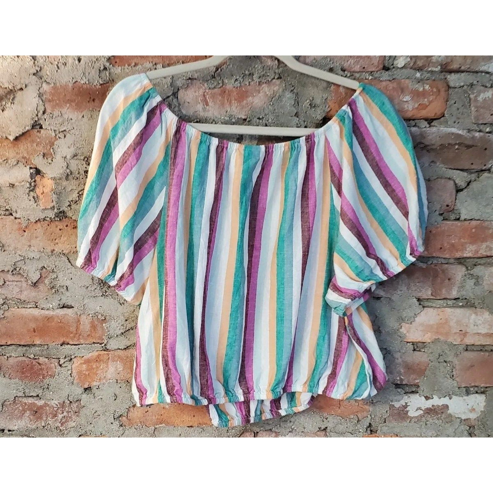 Ava & Viv Womens Blouse Top 1X Multicolor Striped Square Neck Puff Sleeve