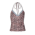 Womens S Halter Top Cami Pink Leopard Print Blue Lace Trim Tie Back Y2K Style