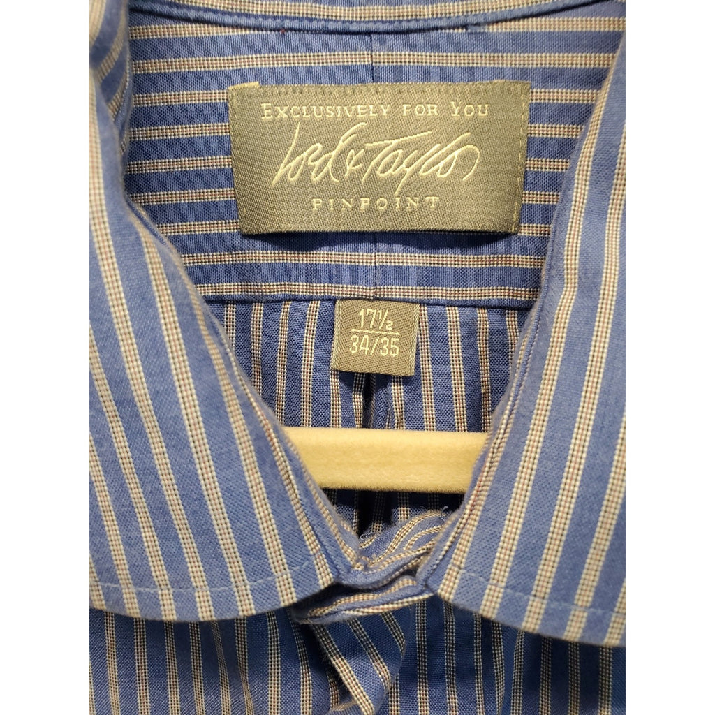 Lord & Taylor Mens Long Sleeve Button Down Shirt 17.5 34/35 Blue White Striped