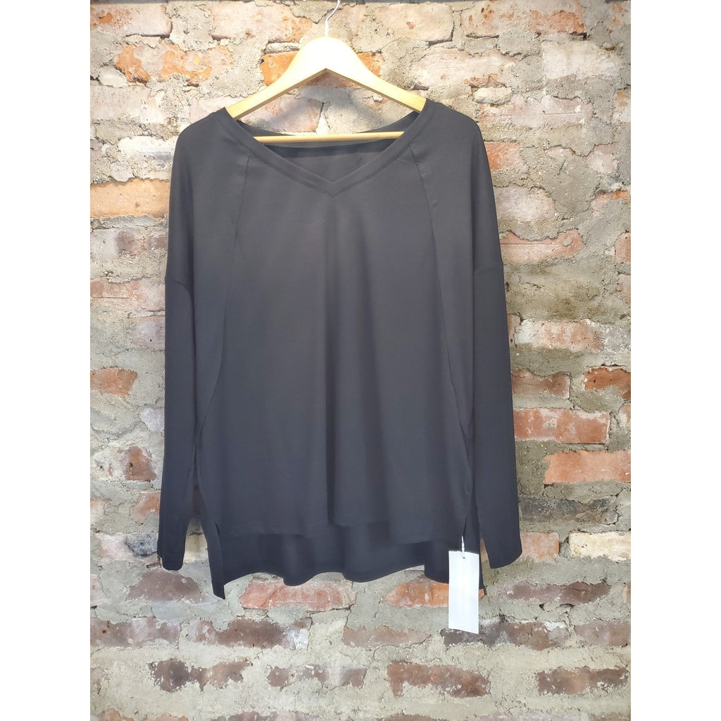 Womens Long Sleeve V Neck Top S Black Polyester Viscose Blend Raglan High Low