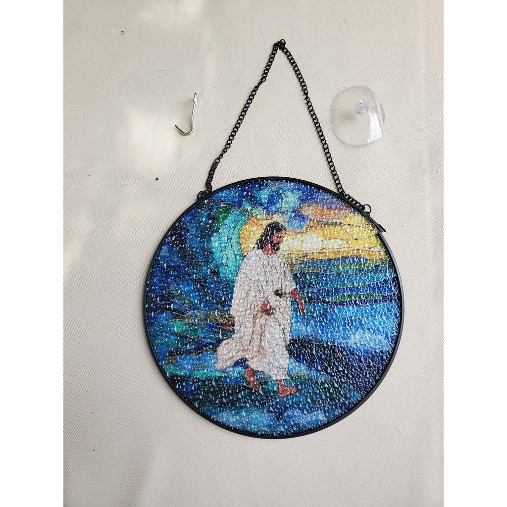 Jesus Walking Water Suncatcher Stained Glass Round 8" Hanging Christian Decor