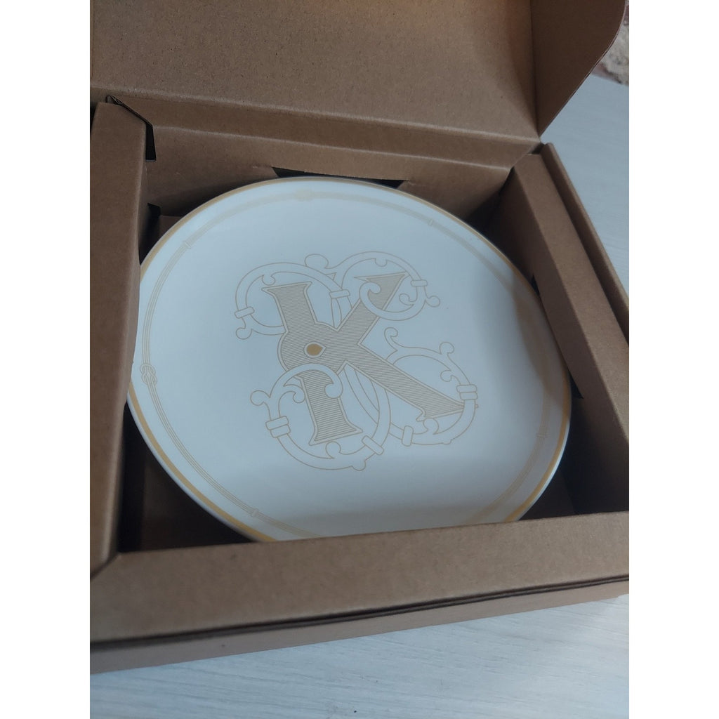 LIFVER Coaster Trinket Dish Monogram K Initial Ceramic White Gold 4 Inch Round