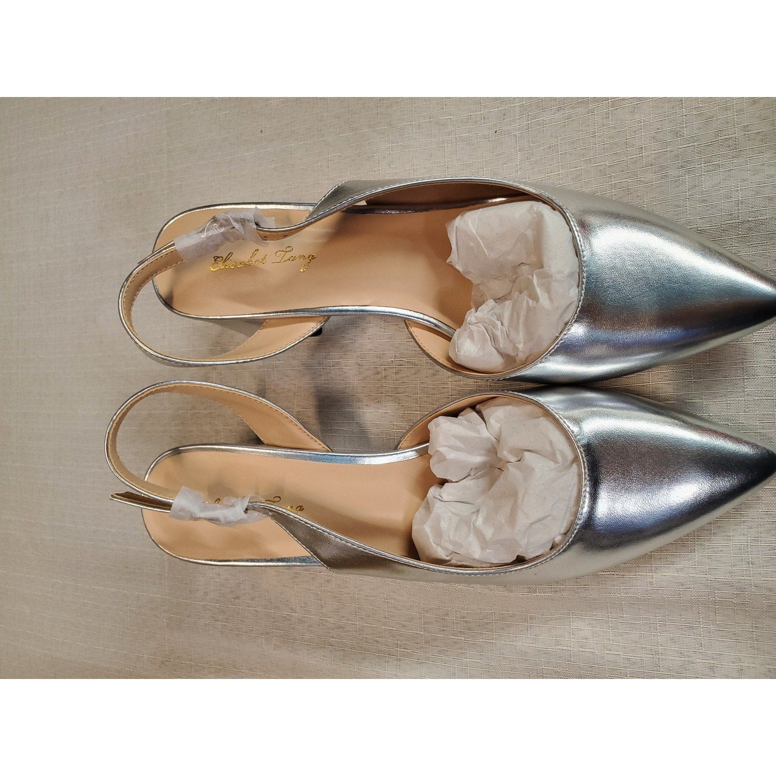 Elisabet Tang Womens Slingback Heels Pointed Toe Block Heel Silver US 7.5 Dress
