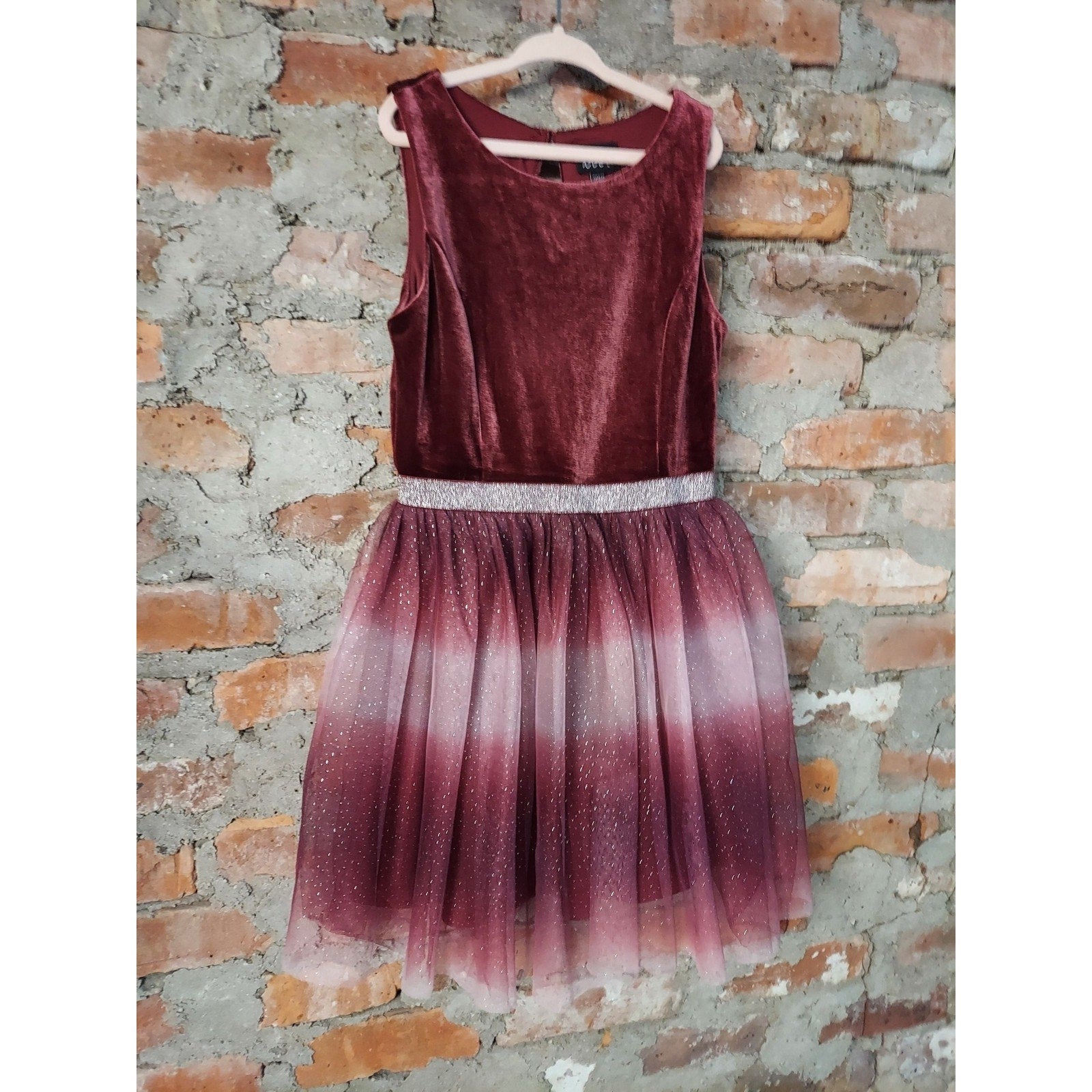 Lilt Girls Dress Size 8 Burgundy Ombre Silver Velvet Tulle Sparkle Party